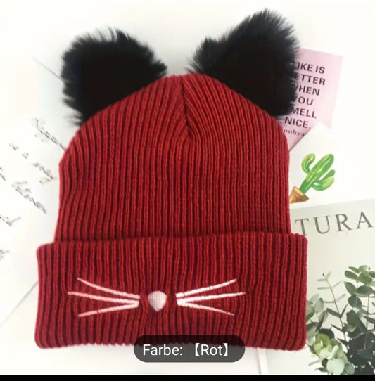 Süße Katzenohr Strickmütze in Rot