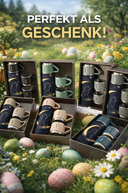 Sternenkatzen Geschenkset Thermo + 2 Tassen 100% Edelstahl