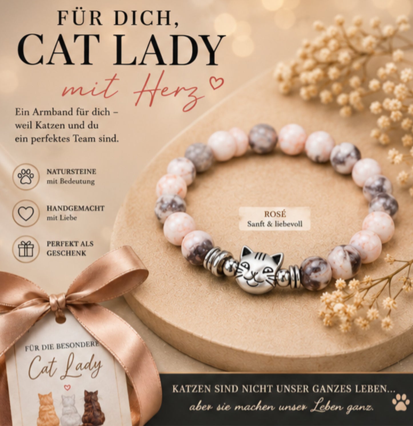 Cat Lady Naturstein-Armband – Mit Herz für die Krebstherapie 🎗️
