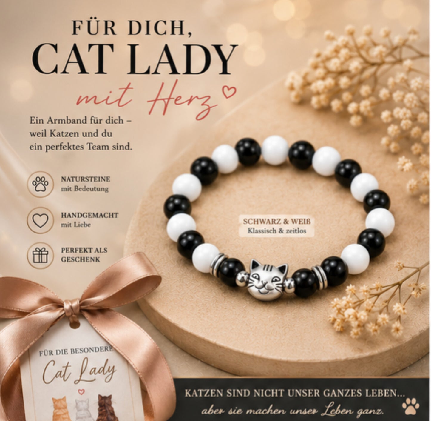 Cat Lady Naturstein-Armband – Mit Herz für die Krebstherapie 🎗️