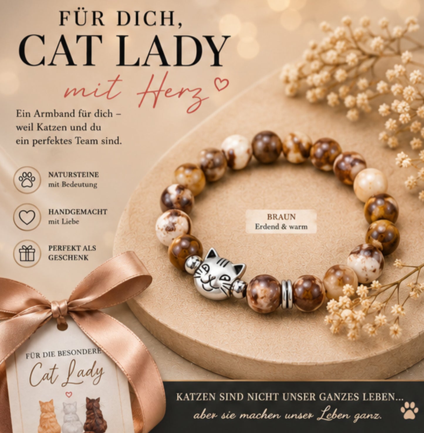 Cat Lady Naturstein-Armband – Mit Herz für die Krebstherapie 🎗️