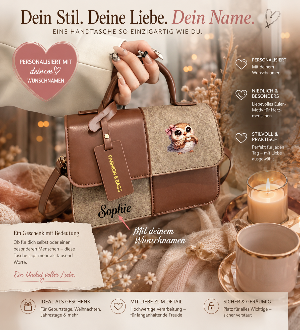 Handtasche mit Wunschnamen in 2 Varianten