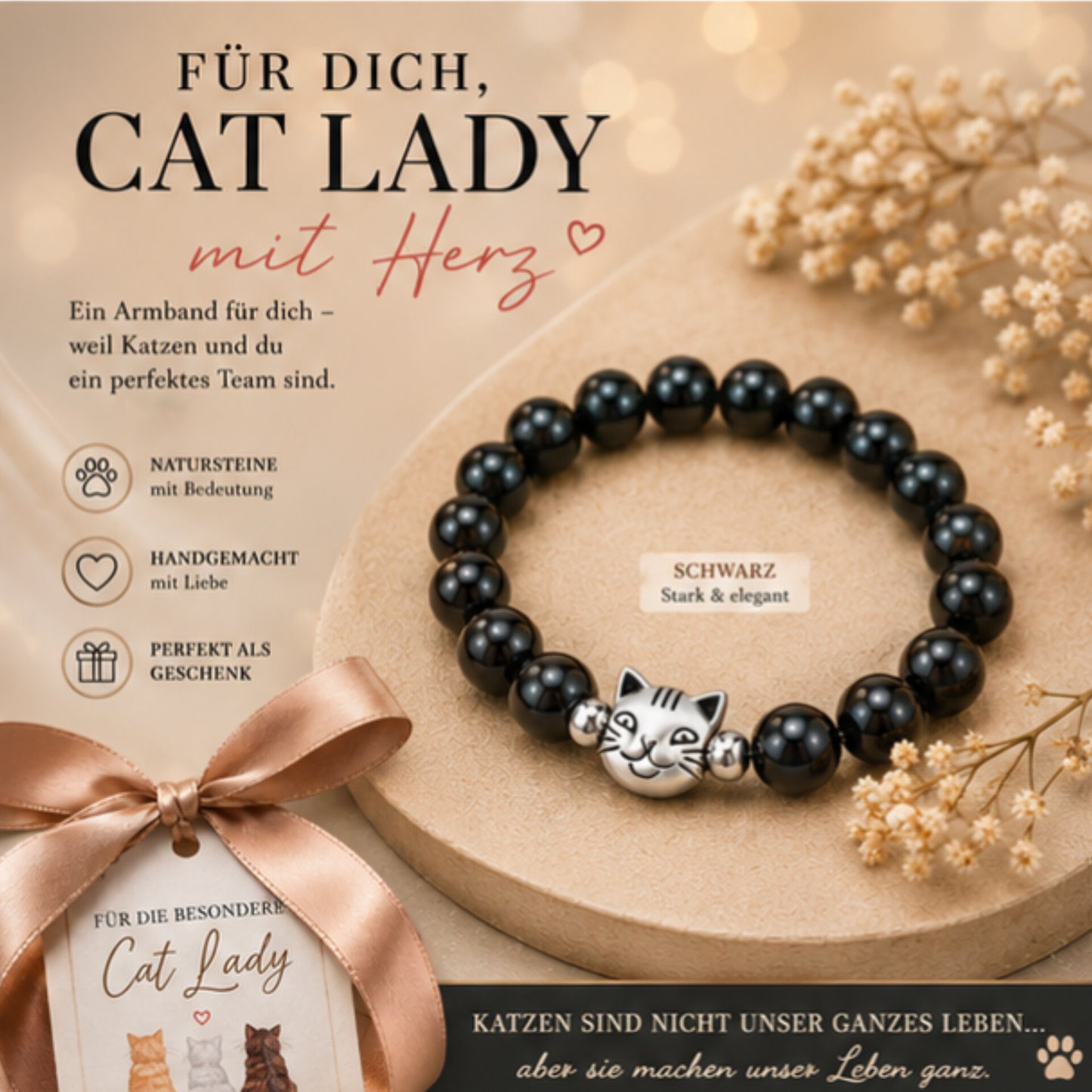 Cat Lady Naturstein-Armband – Mit Herz für die Krebstherapie 🎗️